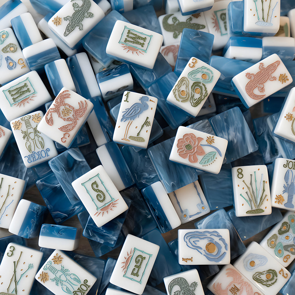 Coastal American Mahjong Set – 160 Engraved Ocean Blue Acrylic Tiles with Lobster Jokers