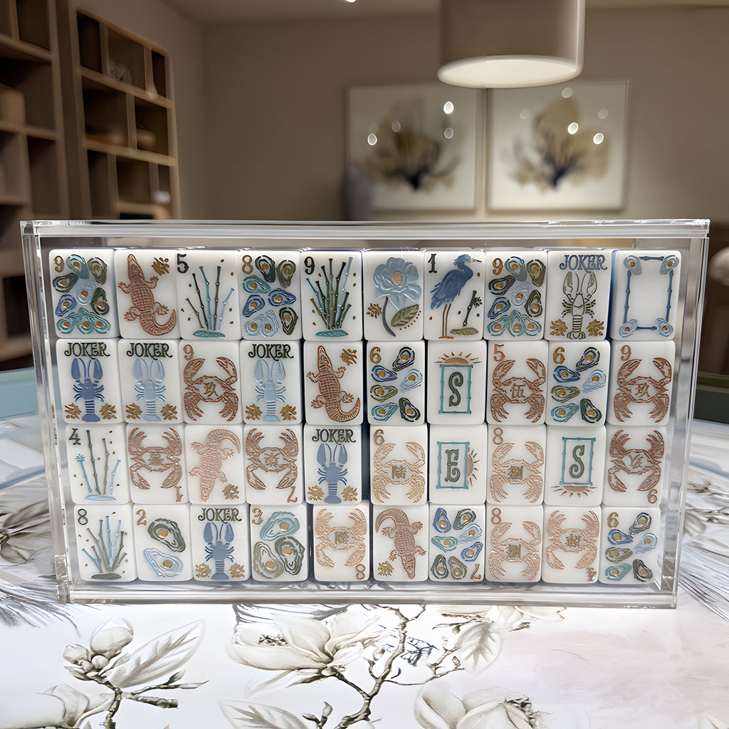 Coastal American Mahjong Set – 160 Engraved Ocean Blue Acrylic Tiles with Lobster Jokers