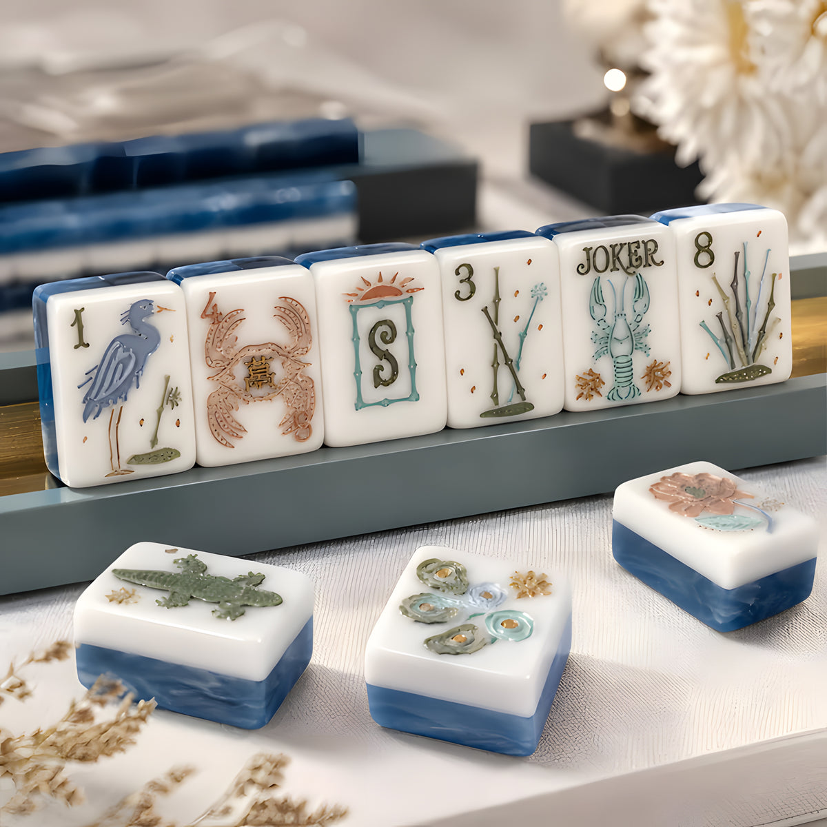 Coastal American Mahjong Set – 160 Engraved Ocean Blue Acrylic Tiles with Lobster Jokers