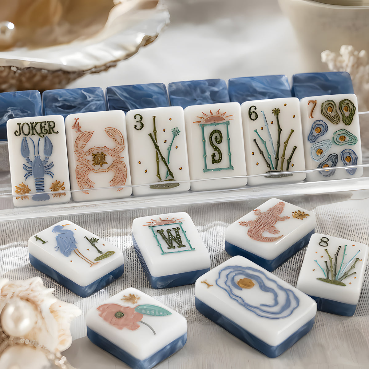 Coastal American Mahjong Set – 160 Engraved Ocean Blue Acrylic Tiles with Lobster Jokers
