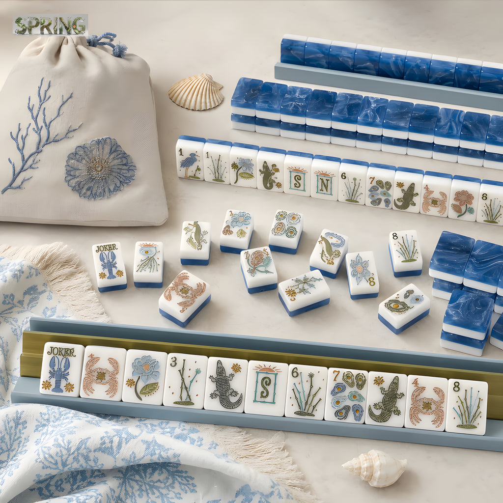 Coastal American Mahjong Set – 160 Engraved Ocean Blue Acrylic Tiles with Lobster Jokers