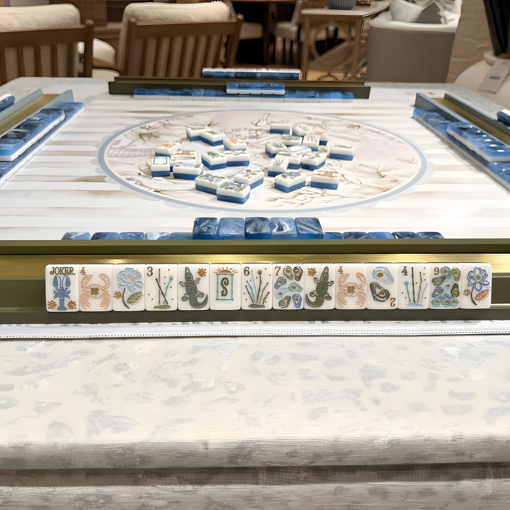 Coastal American Mahjong Set – 160 Engraved Ocean Blue Acrylic Tiles with Lobster Jokers