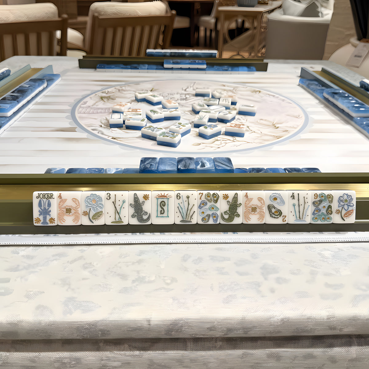 Coastal American Mahjong Set – 160 Engraved Ocean Blue Acrylic Tiles with Lobster Jokers
