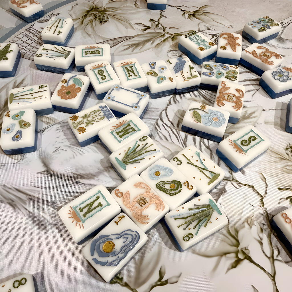Coastal American Mahjong Set – 160 Engraved Ocean Blue Acrylic Tiles with Lobster Jokers
