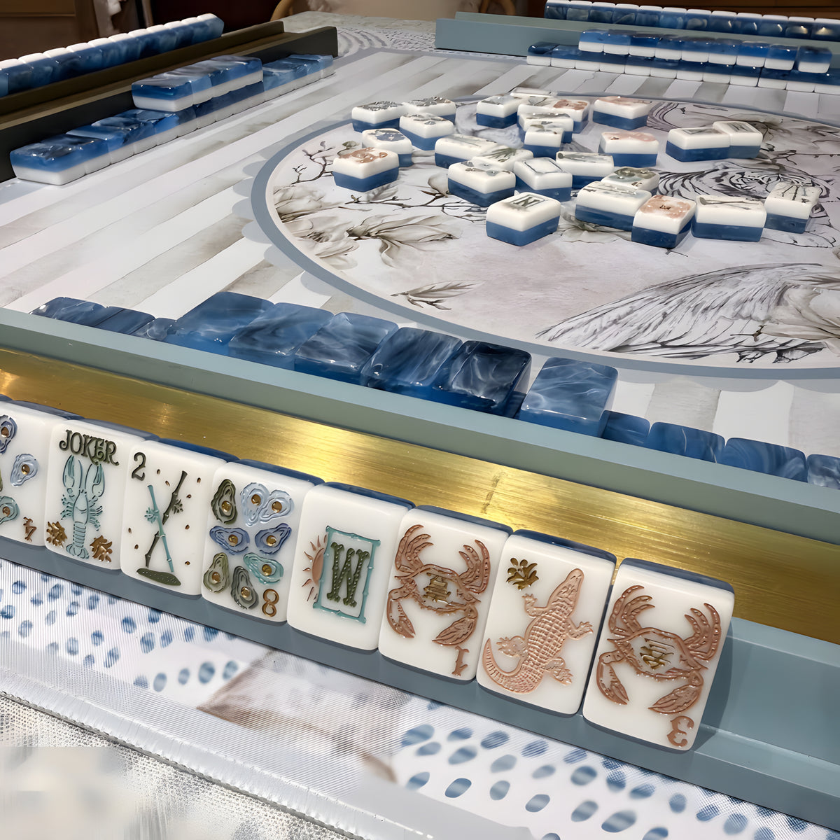 Coastal American Mahjong Set – 160 Engraved Ocean Blue Acrylic Tiles with Lobster Jokers